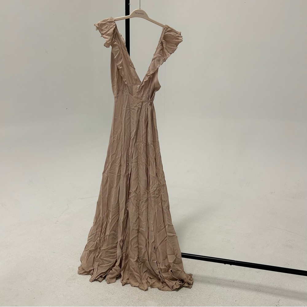 Tan Plunge Neck Ruffled Gown